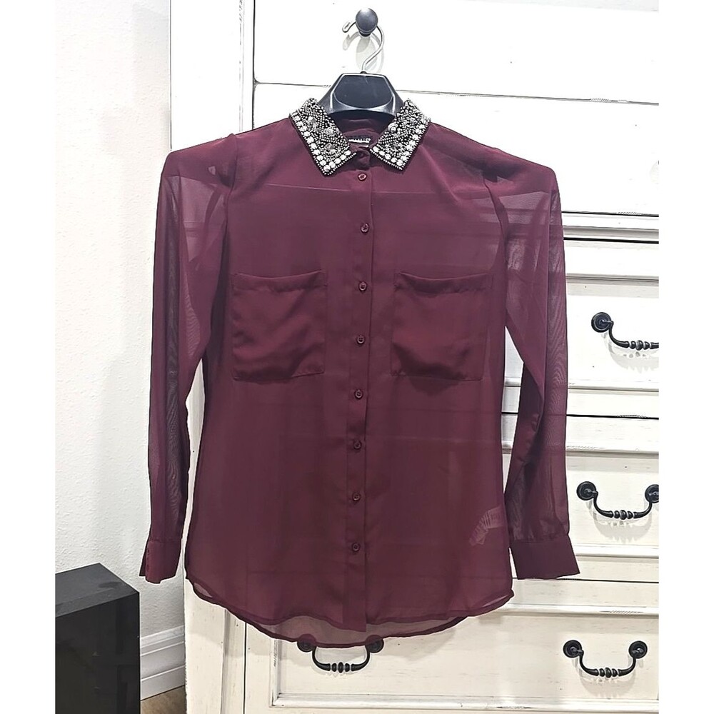 Venus Sheer Blouse 6 Long sleeve Maroon Beaded Collar Embellished Office Siren